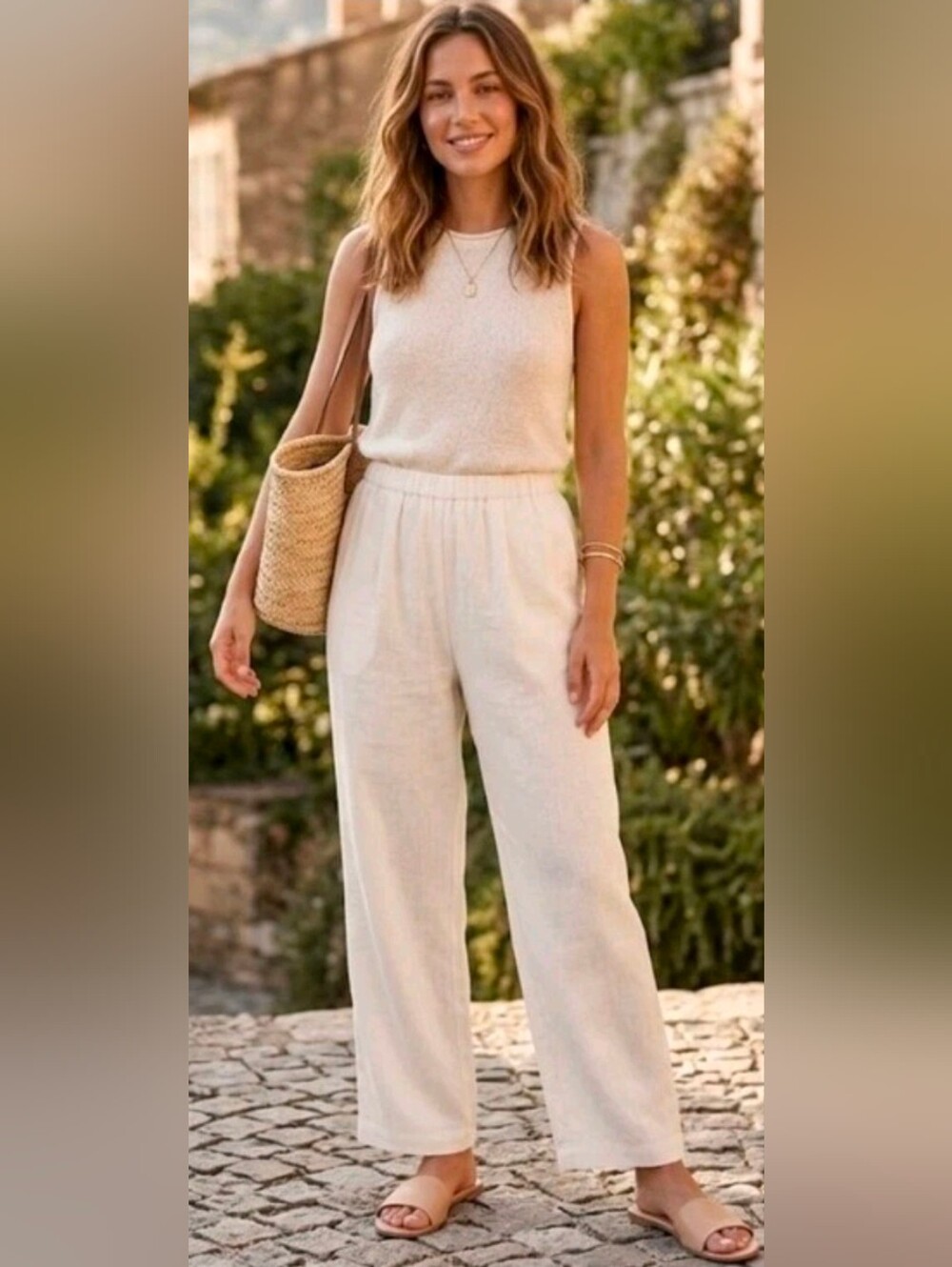 Eskandar 100% Linen Elastic Waist Cropped Lantern Jogger Pants White Size 1
